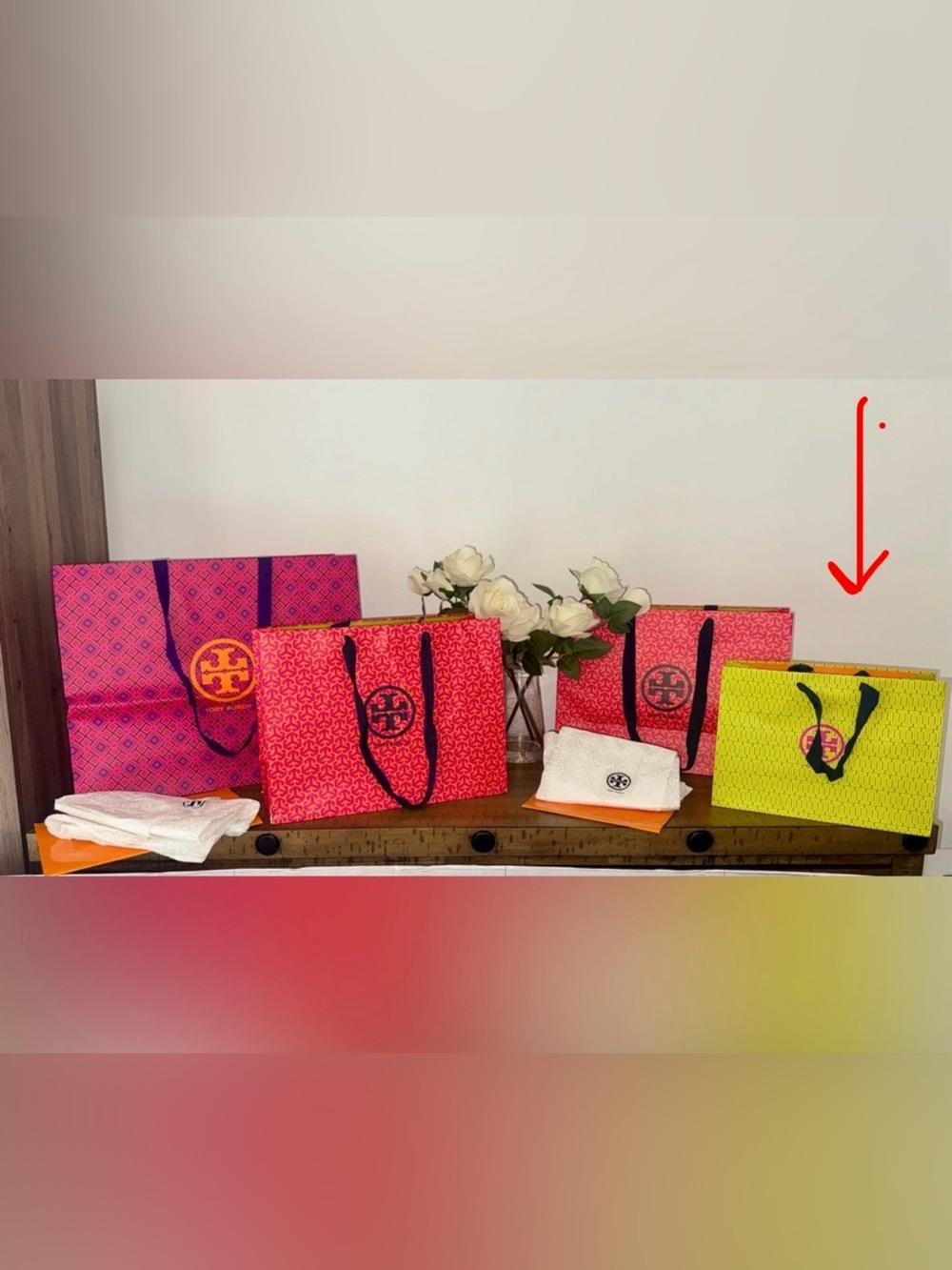 Tory Burch Neon Lime Tote with Pink Logo and Navy Handles